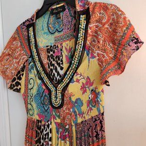 Summer pleated gauze floral blouse with beading detail around V neckline, Multi